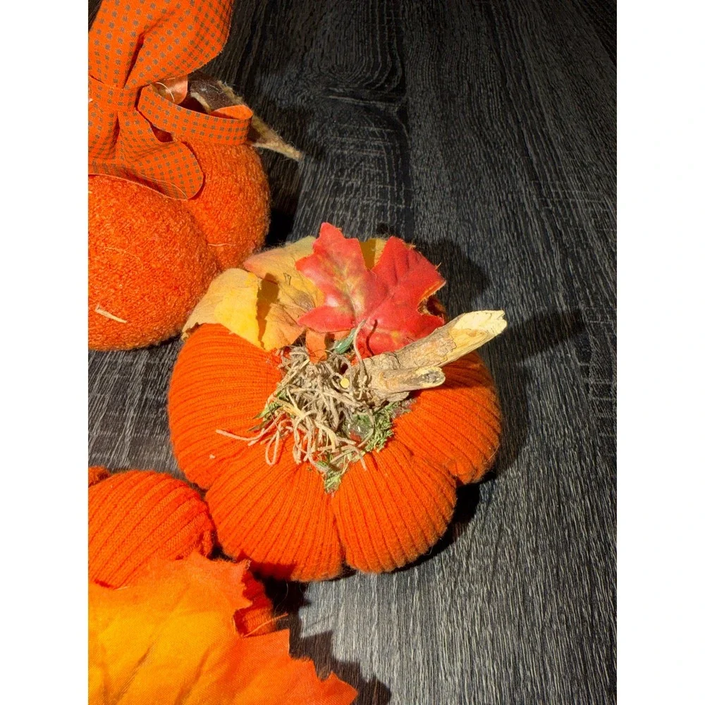 Set of 4 Fabric Pumpkins Autumn Fall Decor Orange Family Wood‎ Slice Accent